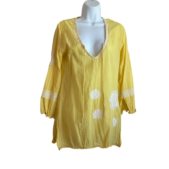 Mud Pie Tops - Mud Pie Women Boho Coastal Embroidered Tunic S Yellow Cotton V-Neck Coverup
